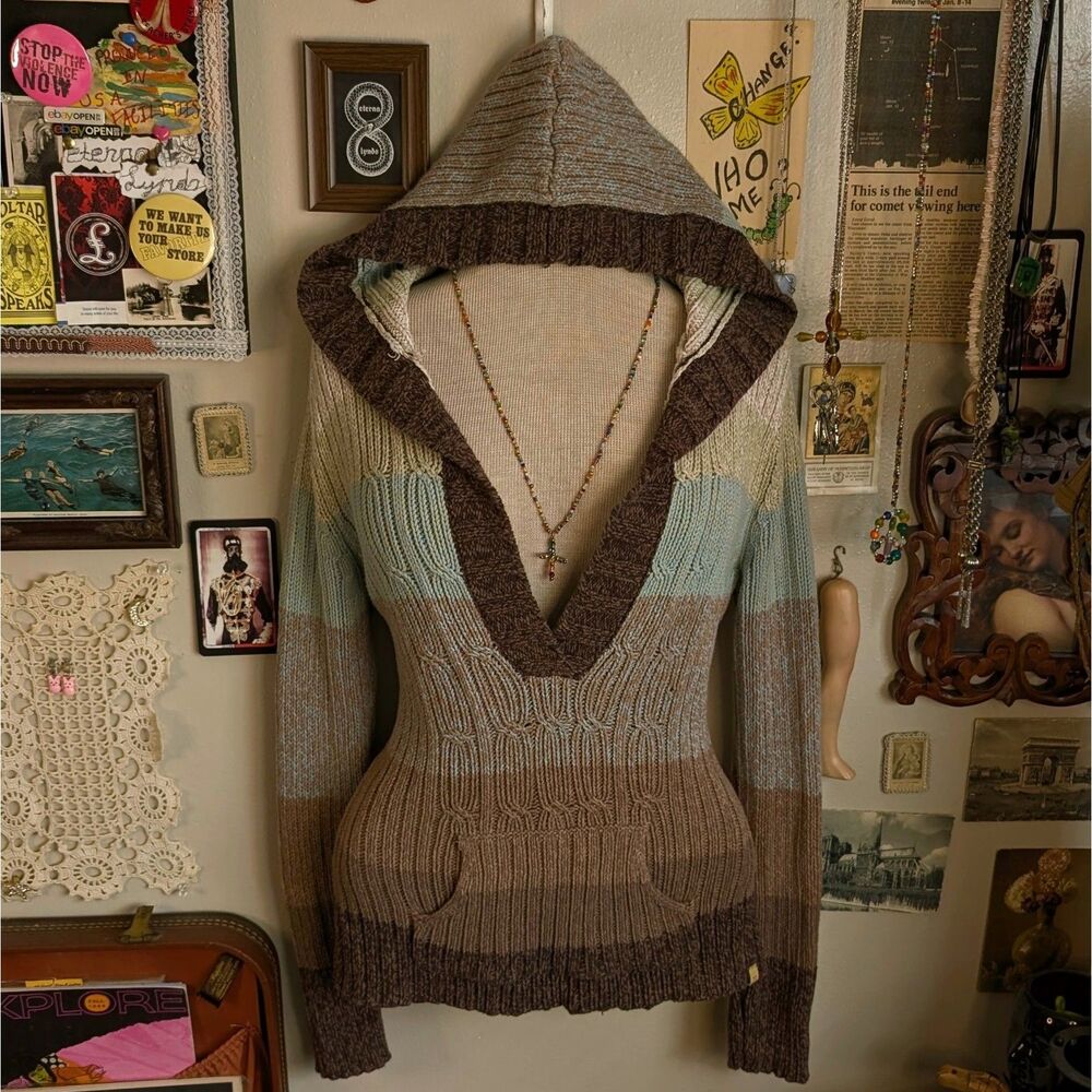 Vintage Striped Hoodie Knit Sweater Women's Medium V-Neck Earth Tone